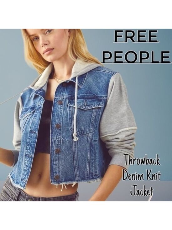 Free People Jackets & Blazers - FREE PEOPLE Throwback Denim/Knit Hoodie Style Raw Hem Relaxed Crop Jacket-Md NWT